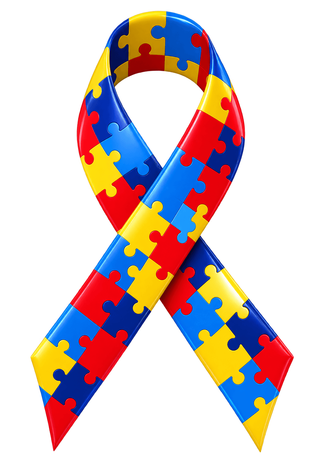 Laço da conscientização do autismo, formado por peças de quebra-cabeça coloridas